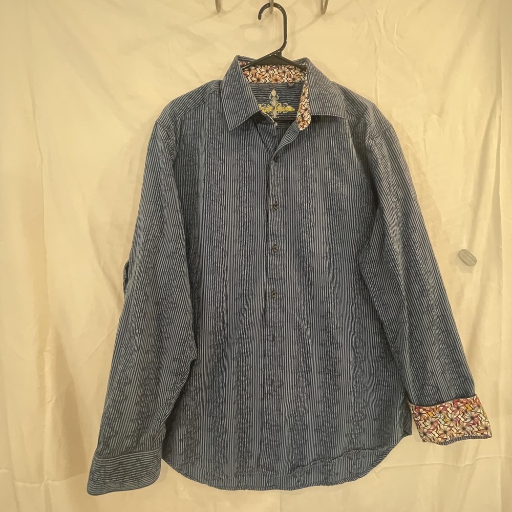 Robert Graham Shirt Mens 2XL Blue Striped‎ Embroidered Flip Cuff Long Sleeve